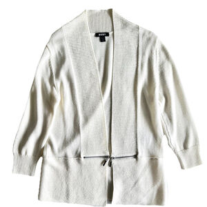 Vintage 80s Warm DKNY White Cotton Knit Open Cardigan Zipper Detail Size Medium